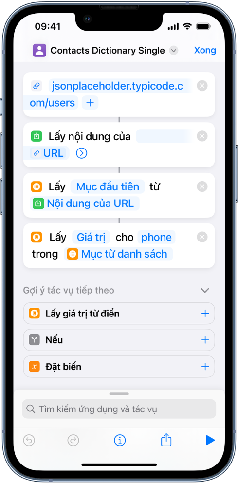 Tác vụ Lấy giá trị từ điển trong trình sửa phím tắt với khóa được đặt thành phone.