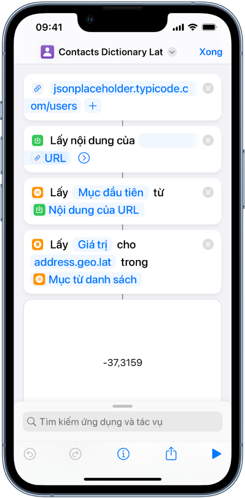 Tác vụ Lấy giá trị từ điển trong trình sửa phím tắt với khóa được đặt thành address.geo.lat.