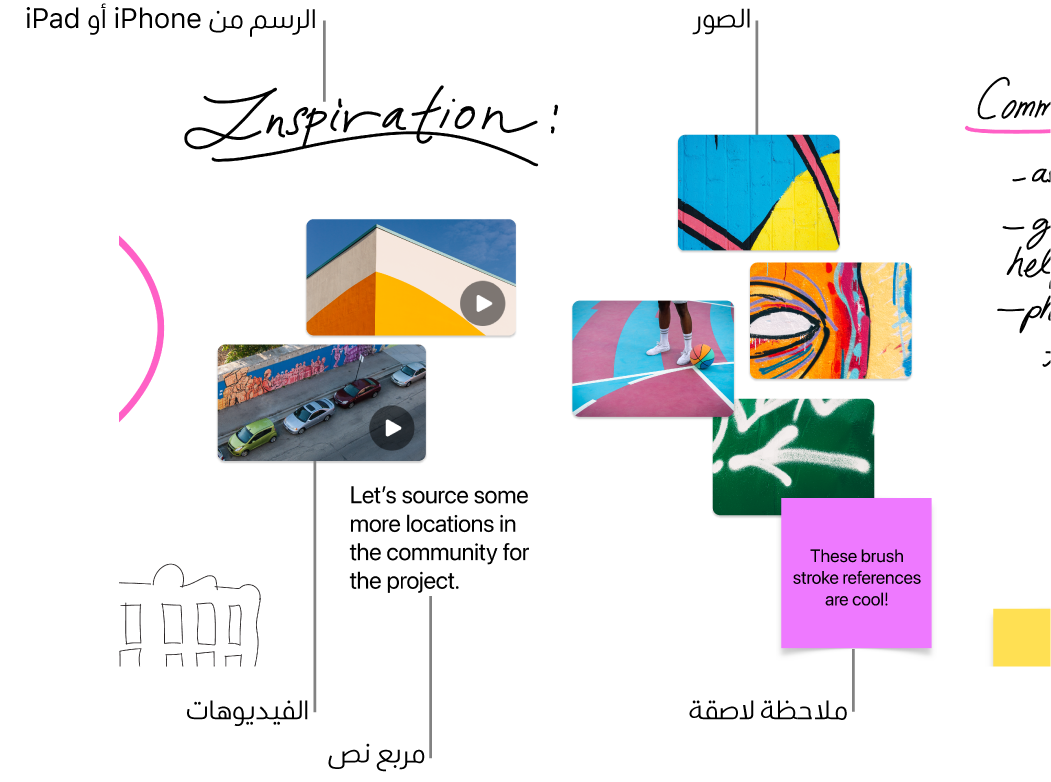لوحة المساحة الحرة تحتوي على عناصر مختلفة مثل رسم من جهاز iPhone أو iPad وصور وفيديوهات ومربع نص وملاحظة لاصقة.