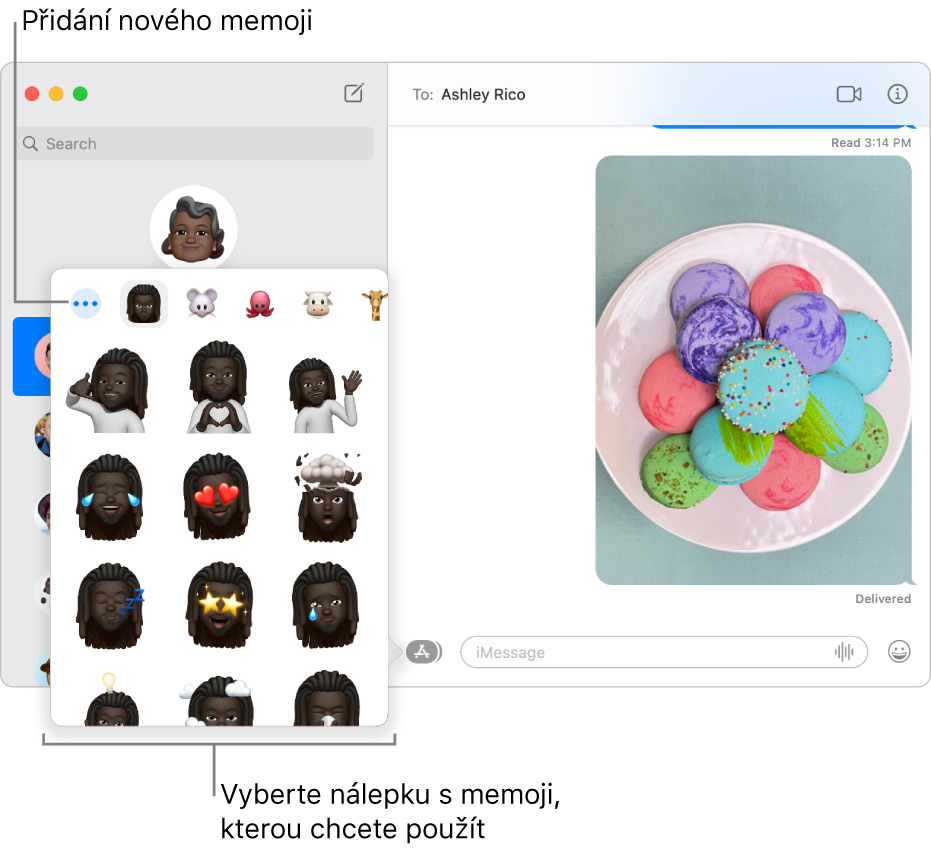 Okno aplikace Zprávy s několika konverzacemi na bočním panelu vlevo; vpravo se zobrazuje přepis konverzace. Při výběru volby Nálepky s memoji z tlačítka Aplikace si můžete vybrat nálepku s memoji nebo vytvořit své vlastní memoji.