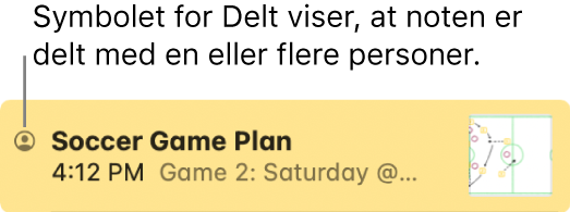 En note, der er blevet delt med andre, med symbolet for Delt til venstre for notens navn.