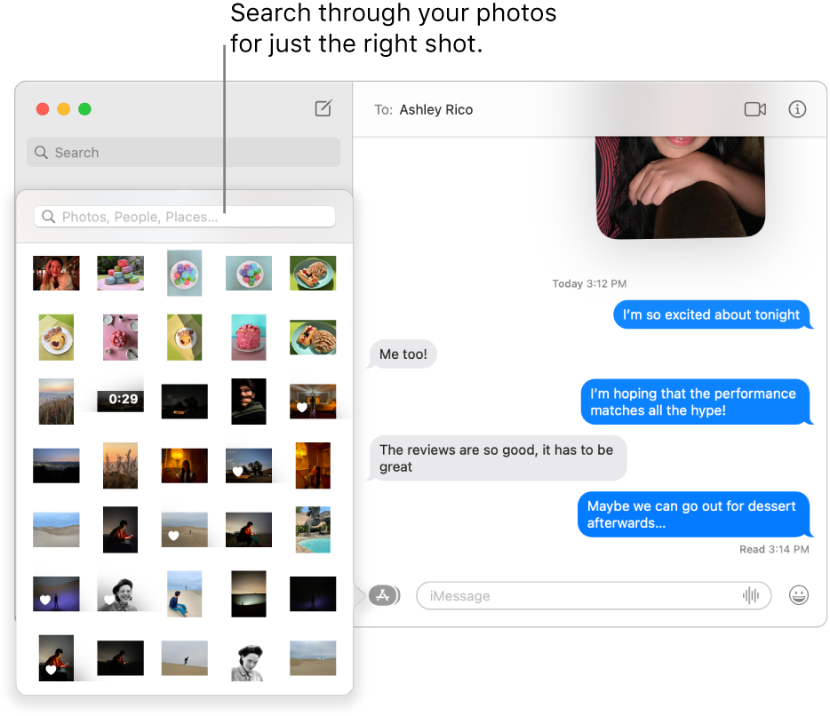 The Messages window with several conversations listed in the sidebar at the left, the search field for searching through your photos, and a conversation showing at the right.