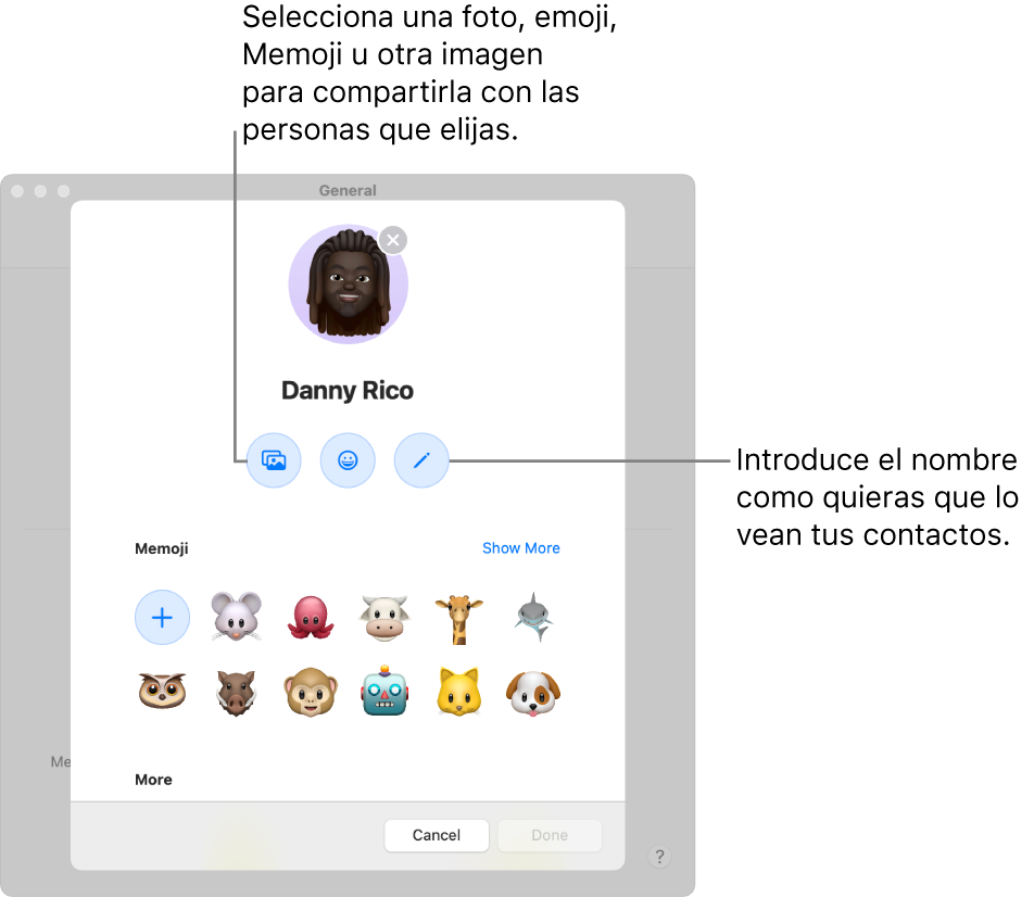 Al configurar Compartir nombre y foto, puedes elegir una foto, emoji, Memoji u otra imagen para compartirla con las personas que quieras; y de forma adicional, ingresa tu nombre de la forma que quieres que otros lo vean.