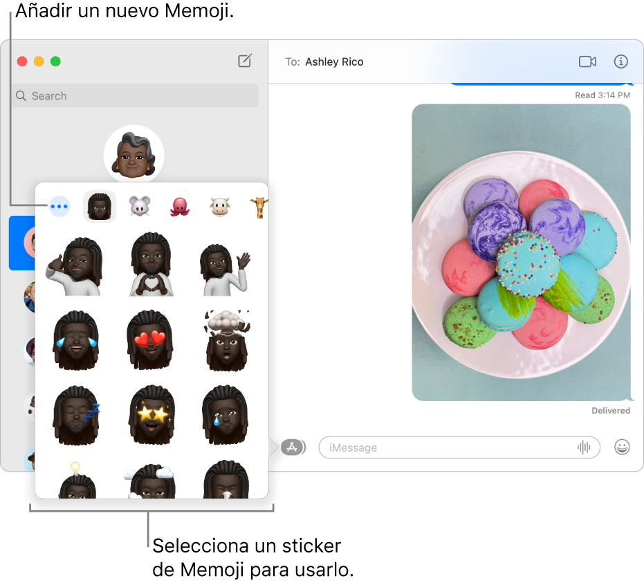 La ventana de Mensajes con una lista de conversaciones en la barra lateral de la izquierda y una transcripción a la derecha. Al seleccionar stickers de Memoji desde el botón Apps, puedes elegir un sticker de Memoji para usarlo, o bien, puedes crear un nuevo Memoji.