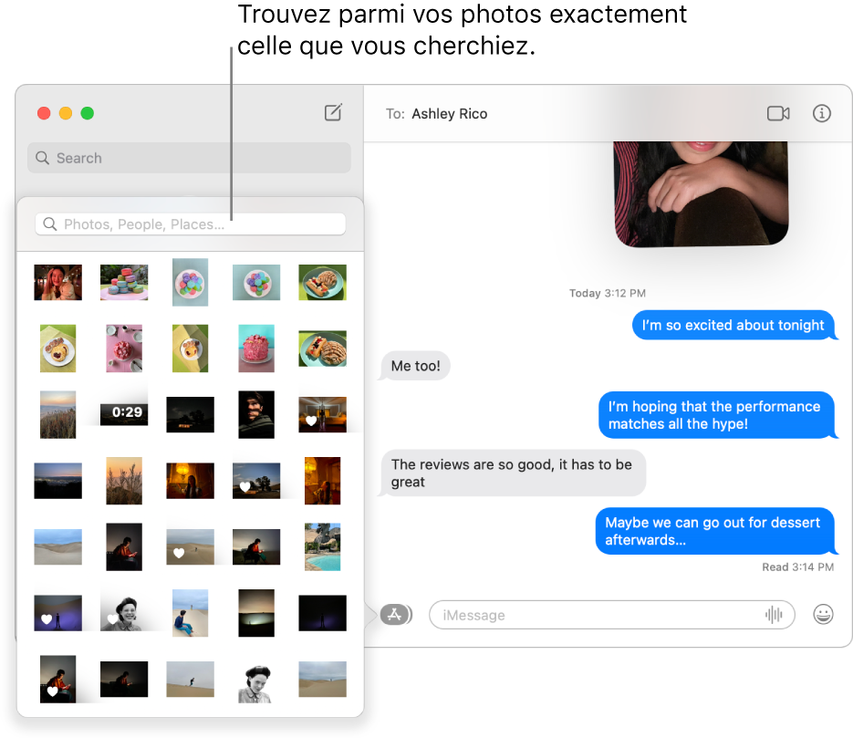 La fenêtre Messages avec plusieurs conversations répertoriées dans la barre latérale à gauche, le champ de recherche pour effectuer une recherche dans vos photos et une conversation qui s’affiche à droite.