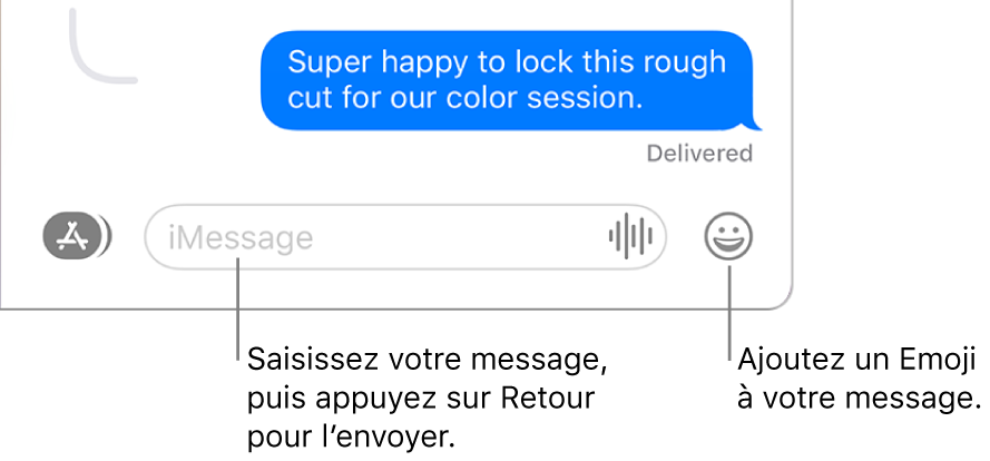 Une conversation dans la fenêtre Messages, avec le champ du message affiché au bas de la fenêtre.