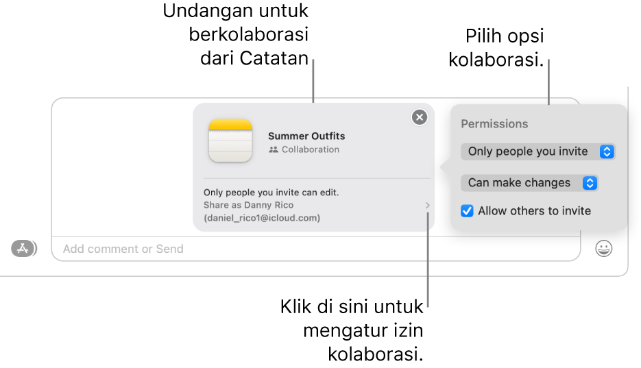 Tampilan jarak dekat dari bidang pesan teks di bagian bawah percakapan Pesan. Ada undangan untuk berkolaborasi di catatan. Anda dapat mengeklik sisi kanan undangan untuk mengatur izin kolaborasi.