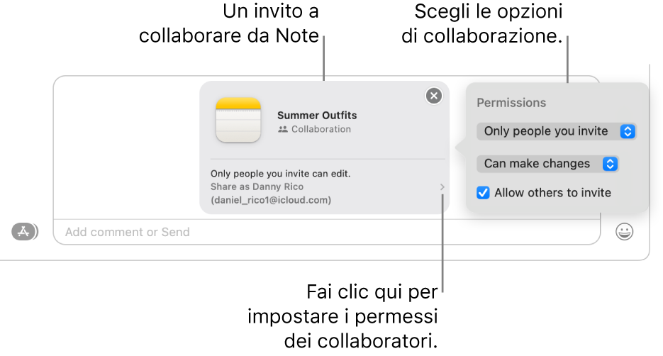 Un primo piano del campo del messaggio di testo nella parte inferiore della conversazione di Messaggi. È presente un invito a collaborare a una nota. Puoi fare clic sul lato destro dell'invito per impostare i permessi di collaborazione.