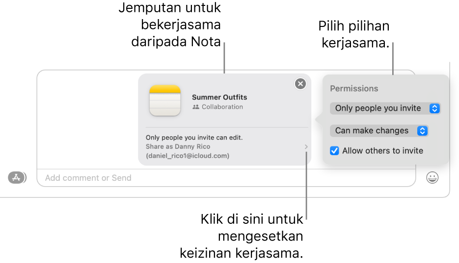 Pandangan dekat medan mesej teks di bahagian bawah perbualan Mesej. Terdapat jemputan untuk bekerjasama pada nota. Anda boleh klik sebelah kanan jemputan untuk mengesetkan keizinan kerjasama.