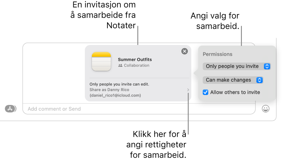 Et nærbilde av tekstmeldingsfeltet nederst i Meldinger-samtalen. Det vises en invitasjon til å samarbeide på et notat. Du kan klikke på høyre side av invitasjonene for å angi samarbeidstillatelser.