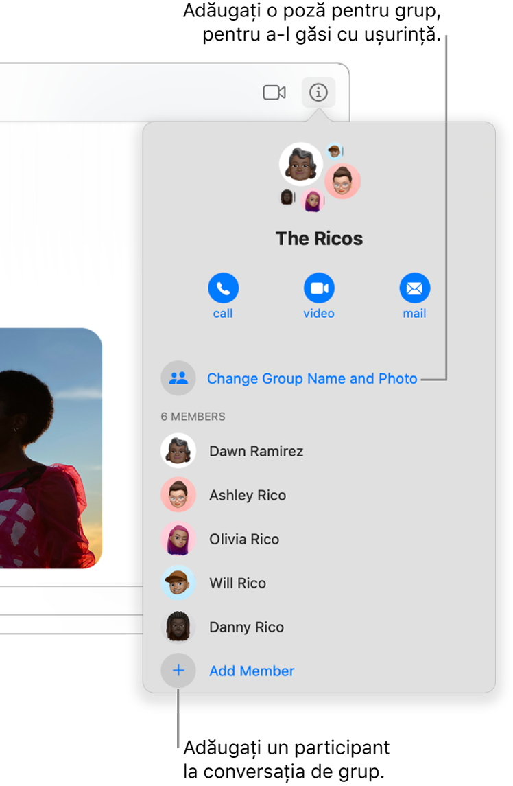 Vizualizarea Detalii care apare după ce faceți clic pe butonul Detalii în cadrul unei conversații de grup. “Adăugați un membru” apare sub numele ultimului participant din listă. Puteți schimba numele grupului și poza de deasupra numelor participanților.