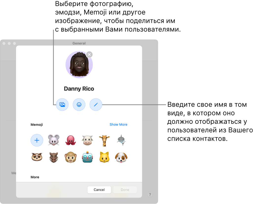 При настройке отображения имени и фото можно выбрать фотографию, эмодзи, Memoji или другое изображение, которое будут видеть выбранные Вами люди; дополнительно можно ввести имя, которое будут видеть Ваши контакты.