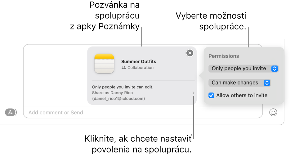 Detailný pohľad na pole textovej správy v spodnej časti konverzácie apky Správy. Nachádza sa tam pozvánka na spoluprácu na poznámke. Môžete kliknúť na pravú stranu pozvánky a nastaviť povolenia pre spoluprácu.