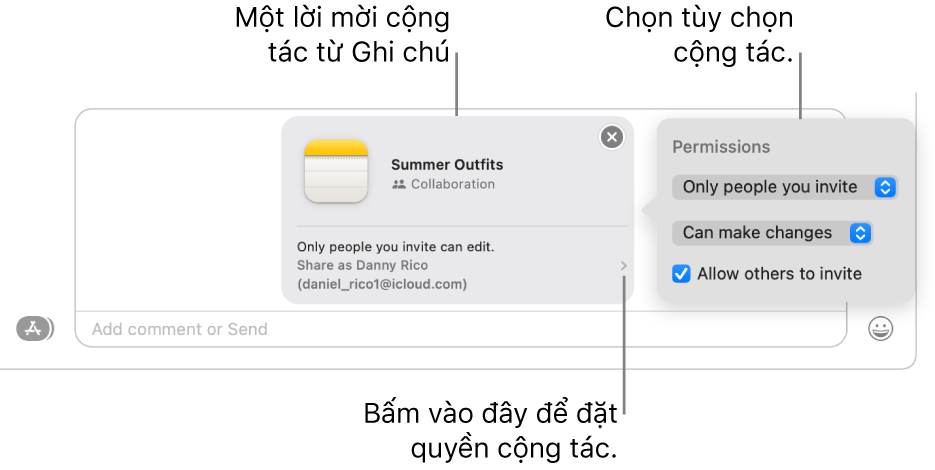 Cận cảnh trường tin nhắn văn bản ở dưới cùng của cuộc hội thoại trong Tin nhắn. Có lời mời cộng tác trên một ghi chú. Bạn có thể bấm vào phía bên phải của lời mời để đặt quyền cộng tác.