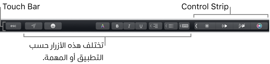 الـ Touch Bar عبر الجزء العلوي من لوحة المفاتيح، يعرض الـ Control Strip المطوي على اليسار، والأزرار التي تختلف باختلاف التطبيق أو المهمة.