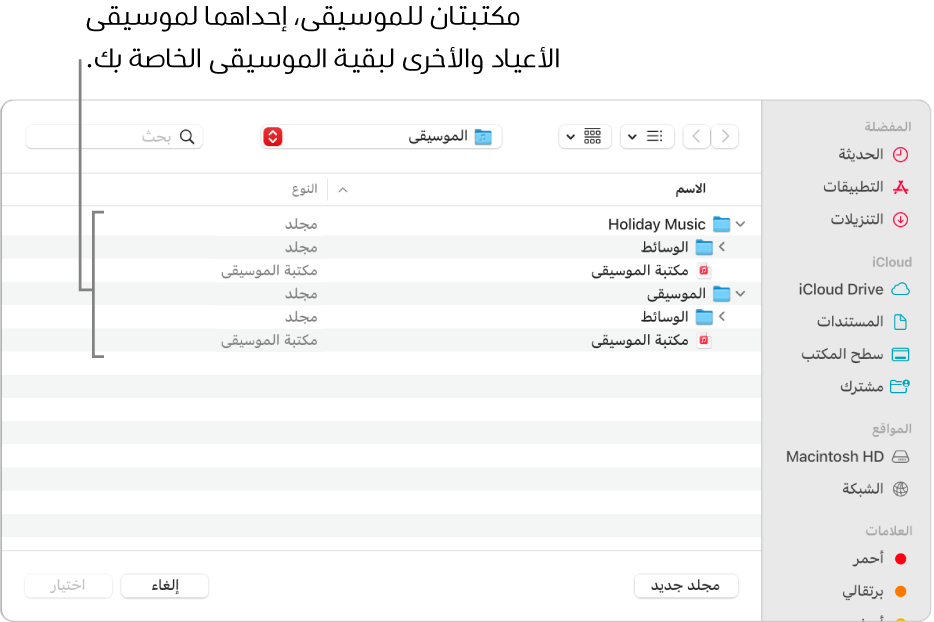 تعرض نافذة فايندر العديد من المكتبات—واحدة لموسيقى العطلات والأخرى لبقية الموسيقى.