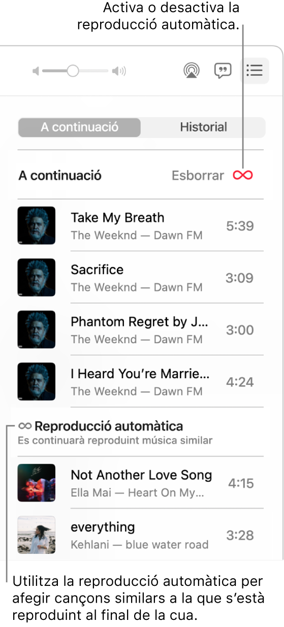 La cua “A continuació”. Fes clic al botó de la reproducció automàtica per activar‑la o desactivar‑la. Quan la reproducció automàtica està activada, afegeix cançons similars a la cua.