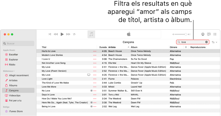 La finestra de l’Apple Music amb la llista de cançons que apareixen quan s’introdueix “amor” al camp del filtre que hi ha a l’angle superior dret. Les cançons de la llista tenen la paraula "amor" al títol o al nom de l’artista o al nom de l’àlbum.