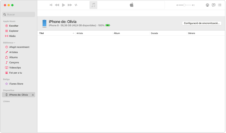 La finestra de l’app Música amb un dispositiu (iPhone de la Júlia) a la barra lateral. El botó “Configuració de sincronització” de la cantonada superior dreta obre el Finder.