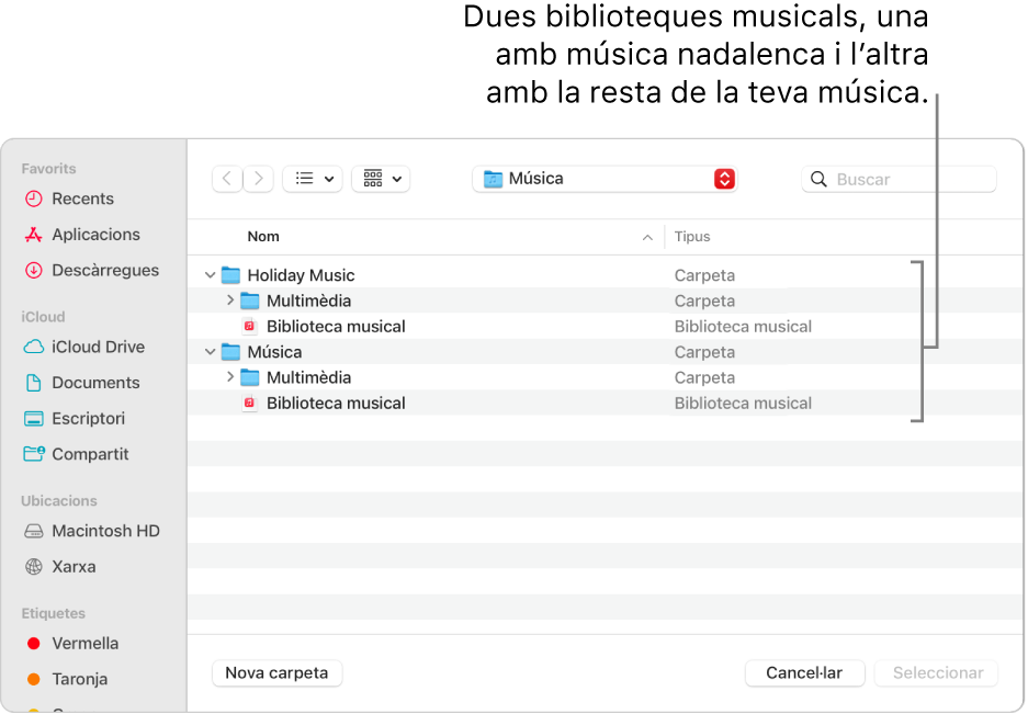 La finestra del Finder que mostra múltiples biblioteques: una de música festiva i l’altra per a la resta de la teva música.