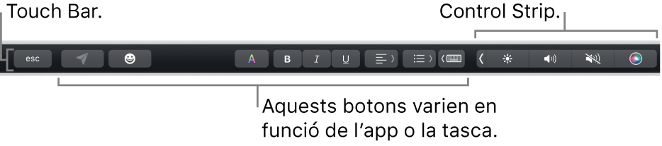 La Touch Bar, situada a la part superior del teclat, que mostra la Control Strip contreta, a la dreta, i botons que varien segons l'aplicació o la tasca.