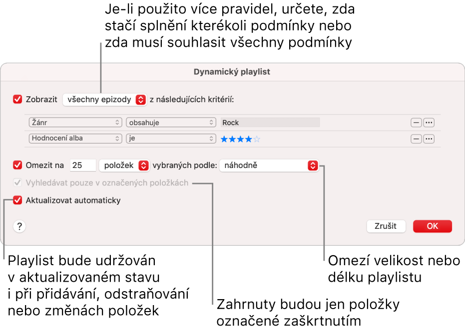 Dialogové okno dynamického playlistu: V levém horním rohu vyberte Match a uveďte podmínky pro skladby zařazované do playlistu (například žánr nebo hodnocení). Podmínky můžete přidávat a odstraňovat pomocí tlačítka Přidat a Odstranit v pravém horním rohu. V dolní části dialogového okna můžete nastavit různé možnosti, například omezit velikost nebo délku playlistu, zahrnout do něj pouze zkontrolované skladby nebo nastavit, aby aplikace Hudba aktualizovala playlist vždy, když se změní položky ve vaší knihovně.