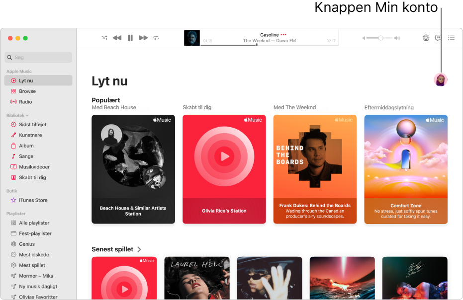 Apple Music-vinduet, som viser Lyt nu. Knappen Min konto (som ligner et foto eller et monogram) er placeret i øverste højre hjørne af vinduet.