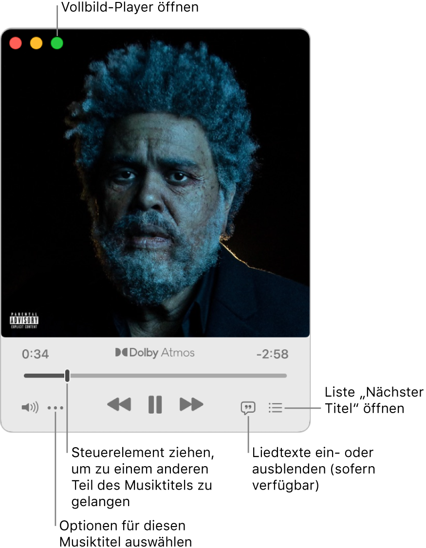 Der erweiterte MiniPlayer mit Steuerelementen für den gerade abgespielten Titel. Oben links befindet sich die Fenstersteuerung, mit der der Vollbild-Player geöffnet und geschlossen wird. Im Hauptteil des Fensters wird das Albumcover des Titels angezeigt, der gerade gespielt wird. Unter dem Coverbild befinden sich ein Regler, mit dem du zu einem anderen Teil des Titels springen kannst, sowie Tasten, mit denen du die Lautstärke einstellen, den Text anzeigen und sehen kannst, was als Nächstes gespielt wird.