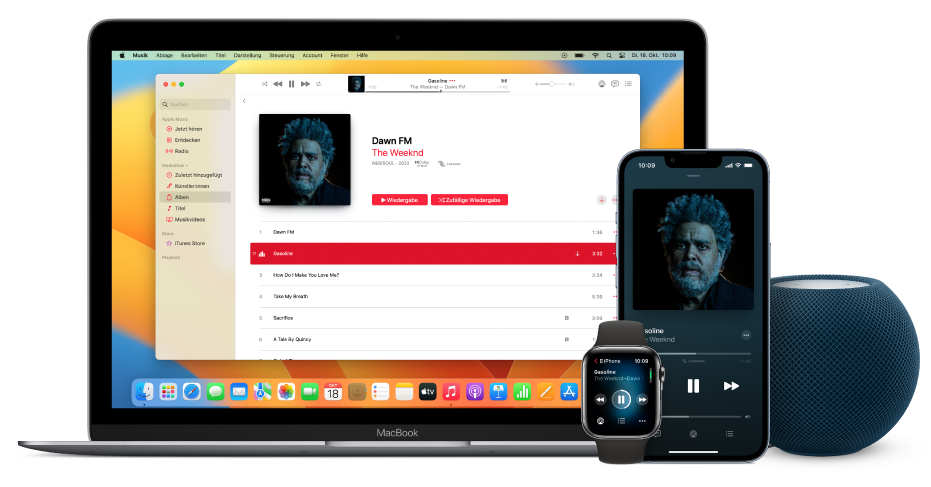 Ein Musiktitel, der auf einem Mac, einem iPhone, einer Apple Watch und einem HomePod abgespielt wird.