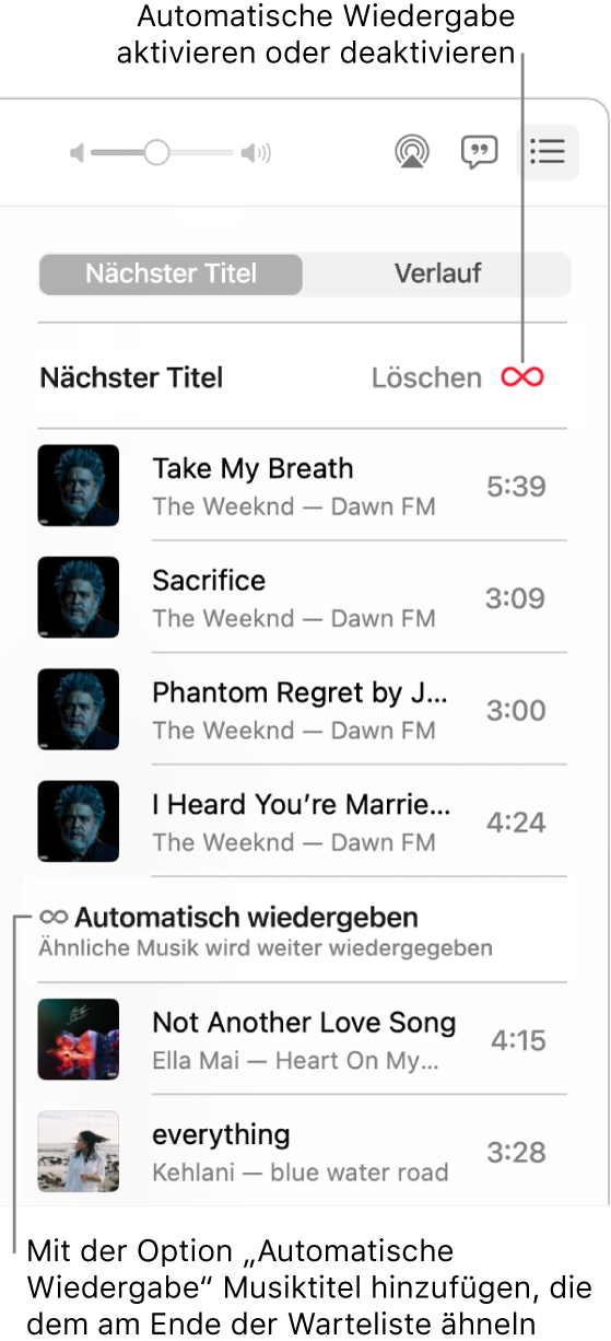Die Liste „Nächster Titel“. Klicke auf die Taste „Automatisch wiedergeben“, um sie zu aktivieren oder deaktivieren. Wenn „Automatisch wiedergeben“ aktiviert ist, werden am Ende der Liste ähnliche Titel hinzugefügt.