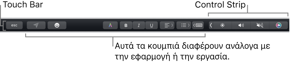 Το Touch Bar κατά μήκος του πάνω μέρους του πληκτρολογίου, όπου εμφανίζεται το συμπτυγμένο Control Strip στα δεξιά, και κουμπιά που διαφέρουν ανά εφαρμογή ή εργασία.