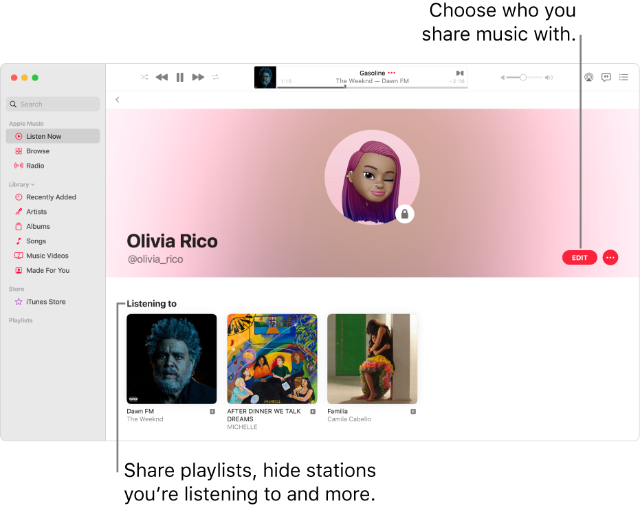 The profile page in Apple Music: on the right side of the window, click Edit to choose who can follow you. To the right of Edit, click the More button to share your music.