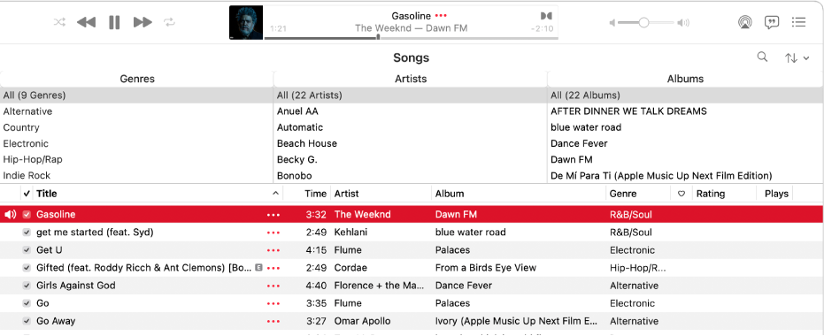 The main Music window: the column browser is to the right of the sidebar and above the list of songs.