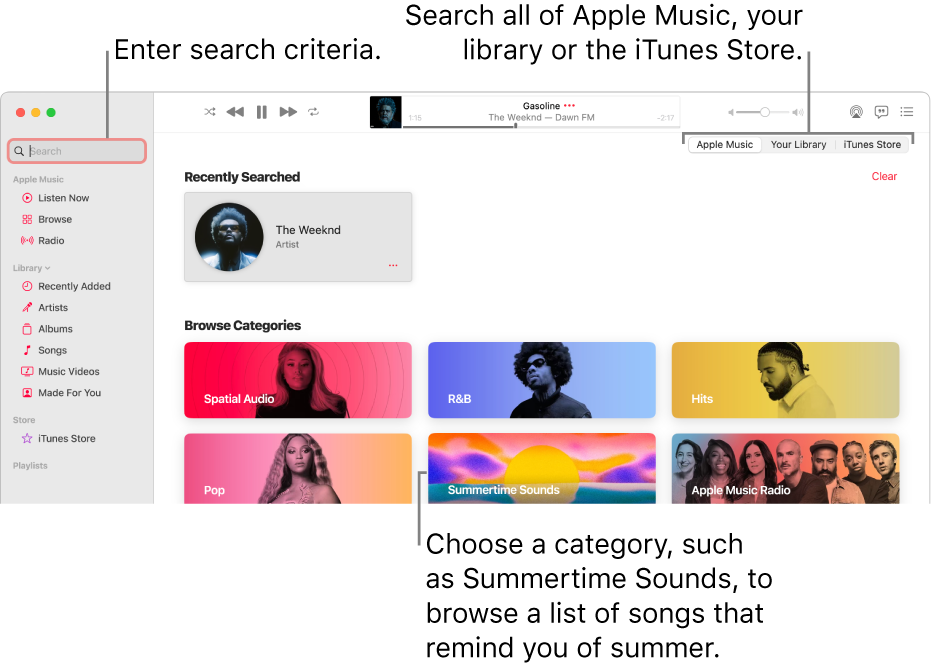 The Apple Music window showing the search field in the top-left corner, the list of categories in the centre of the window and Apple Music, Your Library and iTunes Store available in the top-right corner. Enter search criteria in the search field, then choose to search all of Apple Music, just your library or the iTunes Store.