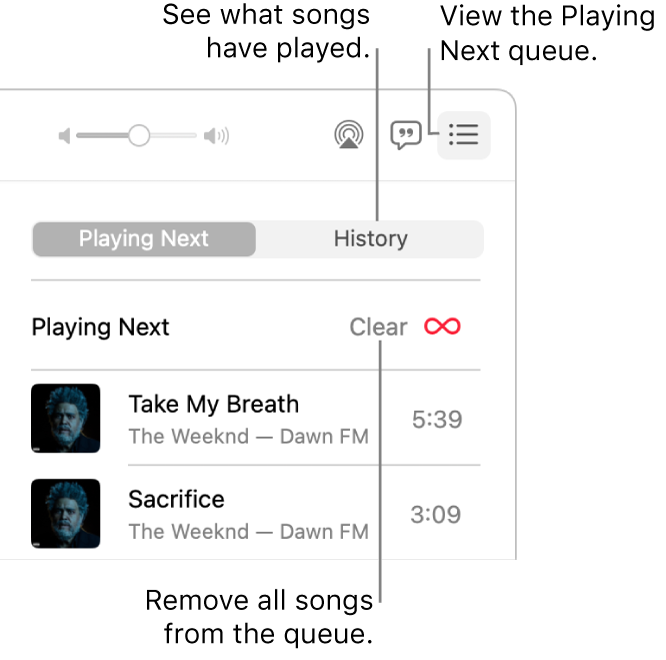 The top-right corner of the Music window with the Playing Next button in the banner showing the Playing Next queue. Click the History link to see the previously played songs. Click the Clear link to remove all songs from the queue.