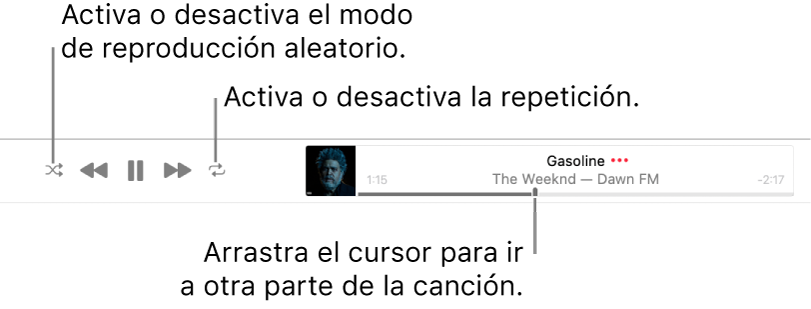 La tira con una canción en reproducción. El botón Aleatorio está en la esquina superior izquierda y el botón Repetir está en la esquina superior derecha. Arrastre la barra de arrastre para ir a una parte diferente de la canción.