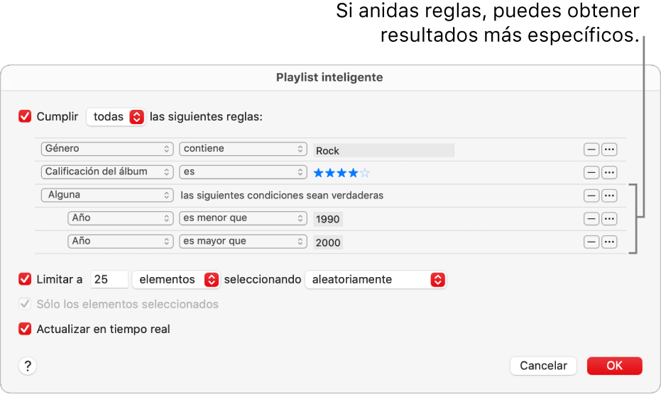 El diálogo de la playlist inteligente: Usa el botón Anidar a la derecha para crear reglas anidadas adicionales a fin de obtener resultados más específicos.