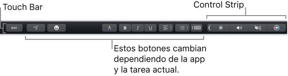 Touch Bar en la parte superior del teclado, mostrando la Control Strip contraída a la derecha y botones que varían según la app o tarea.