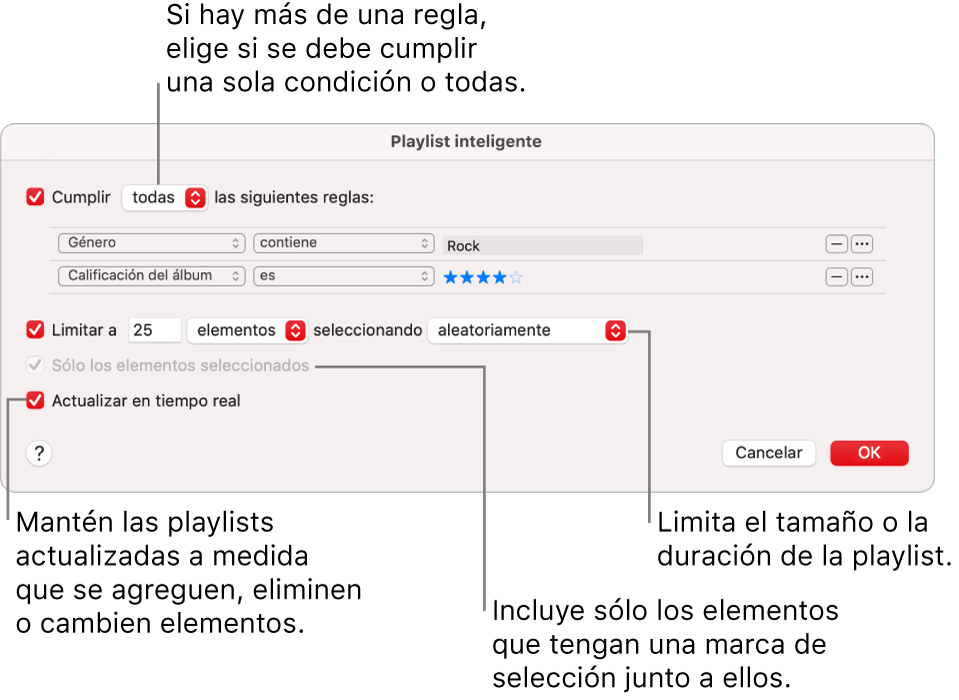 El diálogo de la playlist inteligente: en la esquina superior izquierda, selecciona Cumplir y especifica los criterios de la playlist (por ejemplo, un género o calificación). Continúa agregando o eliminando reglas haciendo clic en el botón Agregar o Eliminar en la esquina superior derecha. Selecciona varias opciones en el área inferior del diálogo, por ejemplo, puedes limitar el tamaño o la duración de la playlist, incluir sólo las canciones seleccionadas o hacer que Música actualice la playlist como elementos en tu cambio de biblioteca.