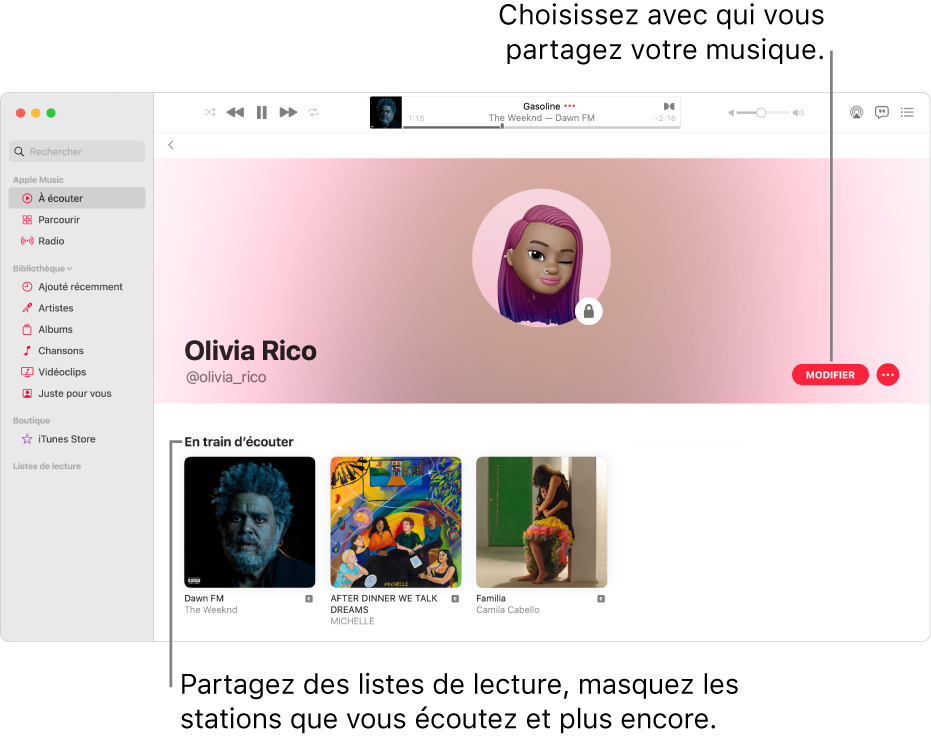 La page de profil dans Apple Music : sur le côté droit de la fenêtre, cliquez sur Modifier pour choisir qui peut vous suivre. À droite de Modifier, cliquez sur le bouton Plus pour partager votre musique.