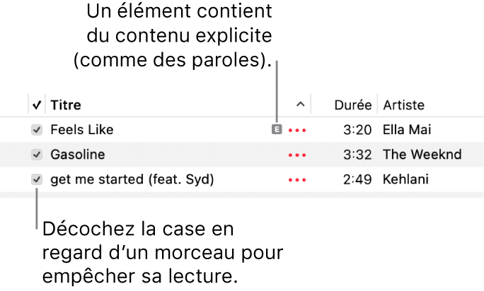 Détail de la liste des morceaux dans Musique, avec les cases et un symbole explicite pour le premier morceau indiquant qu’il contient du contenu explicite, comme ses paroles. Décochez la case en regard d’un morceau pour empêcher la lecture de ce dernier.