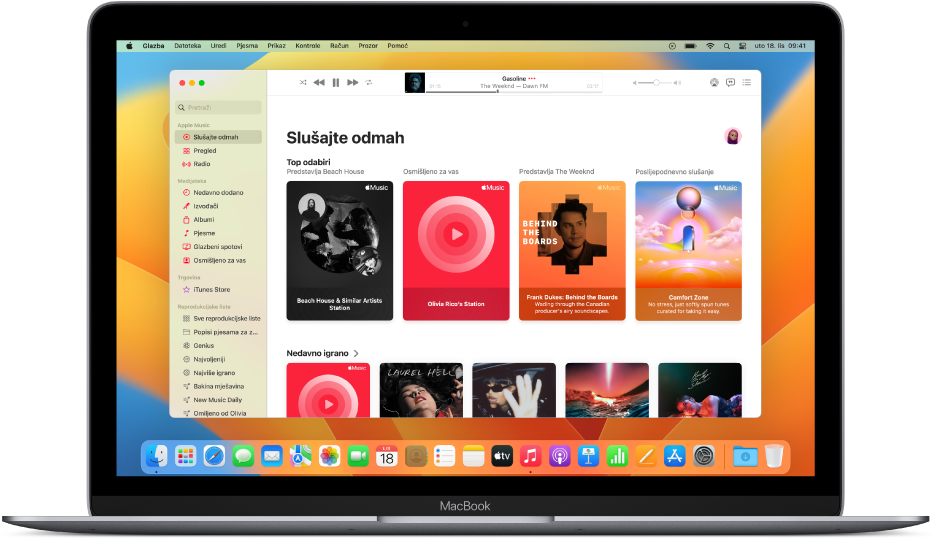 Prozor usluge Apple Music s prikazom Slušajte sada.