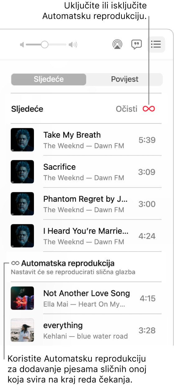 Red Sljedeće. Kliknite tipku Automatska reprodukcija za uključivanje i isključivanje. Kada je Automatska reprodukcija uključena, slične se pjesme dodaju na kraj reda.