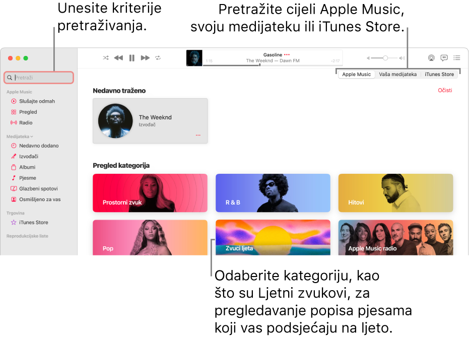 Prozor Apple Musica s poljem za pretraživanje u gornjem lijevom uglu, popisom kategorija u sredini prozora i Apple Musicom ili vašom medijatekom te trgovinom iTunes Store u gornjem desnom uglu. Unesite kriterije pretraživanja u polje za pretraživanje, zatim odaberite želite li pretražiti cijeli Apple Music, samo svoju medijateku ili iTunes Store.