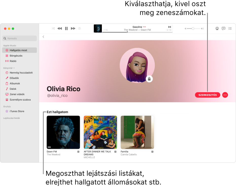 Az Apple Music-profiloldal: az ablak jobb oldalán kattintson a Szerkesztés gombra, hogy kiválassza, hogy ki követheti Önt. Zene megosztásához kattintson a Szerkesztés elemtől jobbra található Továbbiak gombra.