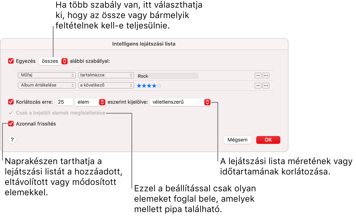 Az Intelligens lejátszási lista párbeszédablak: Válassza ki a bal felső sarokban az Egyezés lehetőséget, majd adja meg a lejátszási lista feltételeit (például a műfajt vagy az értékelést). A jobb felső sarokban lévő Hozzáadás és Eltávolítás gombbal folytathatja a szabályok hozzáadását, illetve eltávolítását. A párbeszédablak alsó részében különféle lehetőségeket választhat ki – például korlátozhatja a lejátszási lista méretét vagy időtartamát, megadhatja csak ellenőrzött zeneszámok szerepeltetését, illetve frissíttetheti a Zene appal a lejátszási listát, ha a könyvtárban lévő elemek megváltoznak.