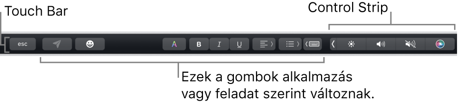 A billentyűzet tetején lévő Touch Bar, jobb oldalán az összecsukott Control Strippel, valamint apptól, illetve feladattól függő gombok.