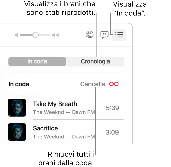 L'angolo superiore destro della finestra di Musica con il pulsante Successivo nel banner che mostra “In coda”. Fai clic sul link Cronologia per visualizzare i brani riprodotti in precedenza. Fai clic sul link Cancella per rimuovere tutti i brani dalla coda.