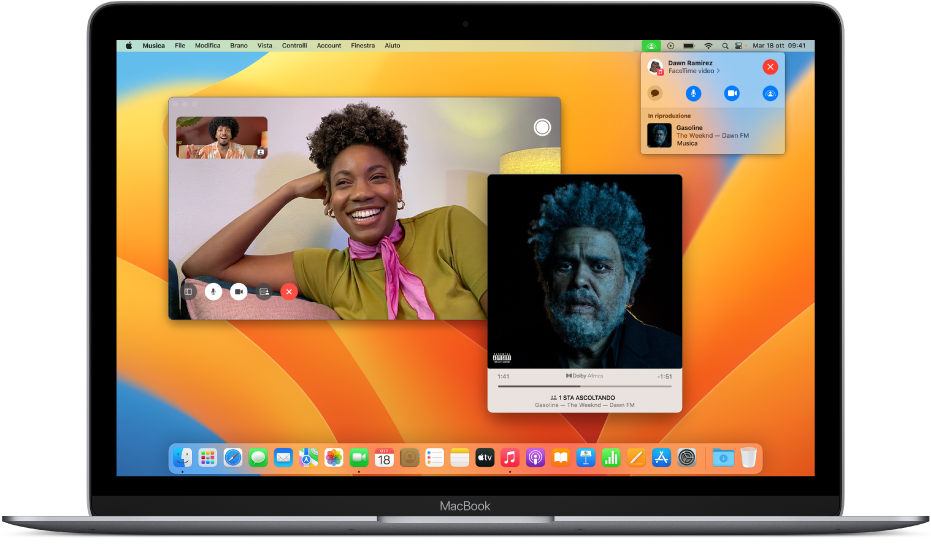 La finestra di FaceTime che mostra una chiamata con i partecipanti che utilizzano SharePlay per ascoltare un album insieme.