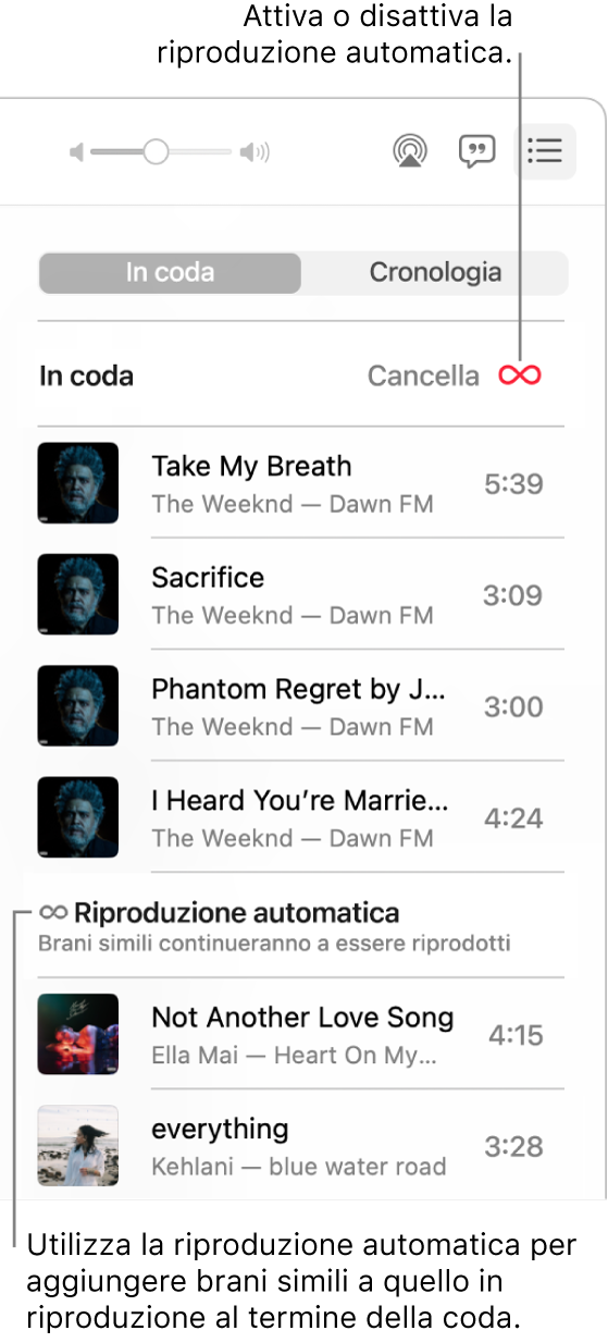La coda “In coda”. Fai clic sul pulsante “Riproduzione automatica” per attivarla o disattivarla. Quando “Riproduzione automatica” è attiva, canzoni simili vengono aggiunte in fondo alla coda.